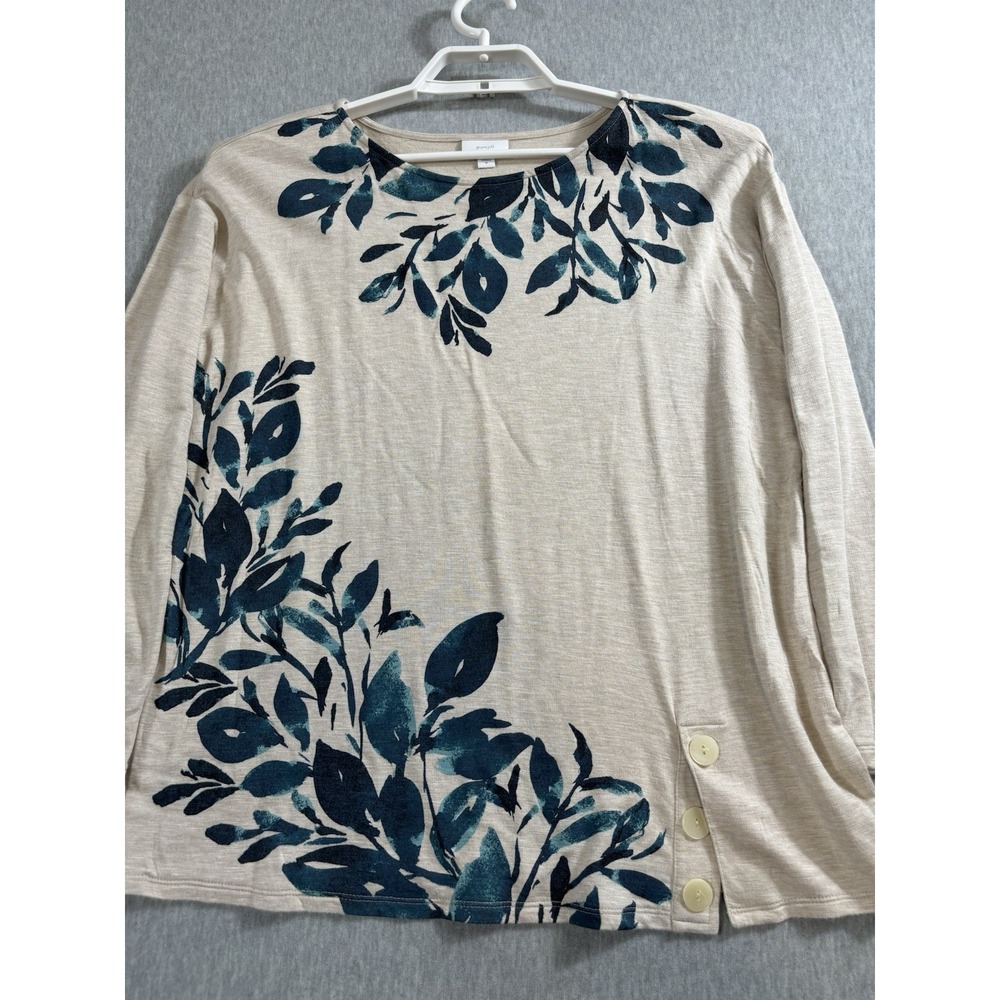 J Jill Purejill Top Size M Rayon Blend Beige Floral Long Sleeve Lagenlook